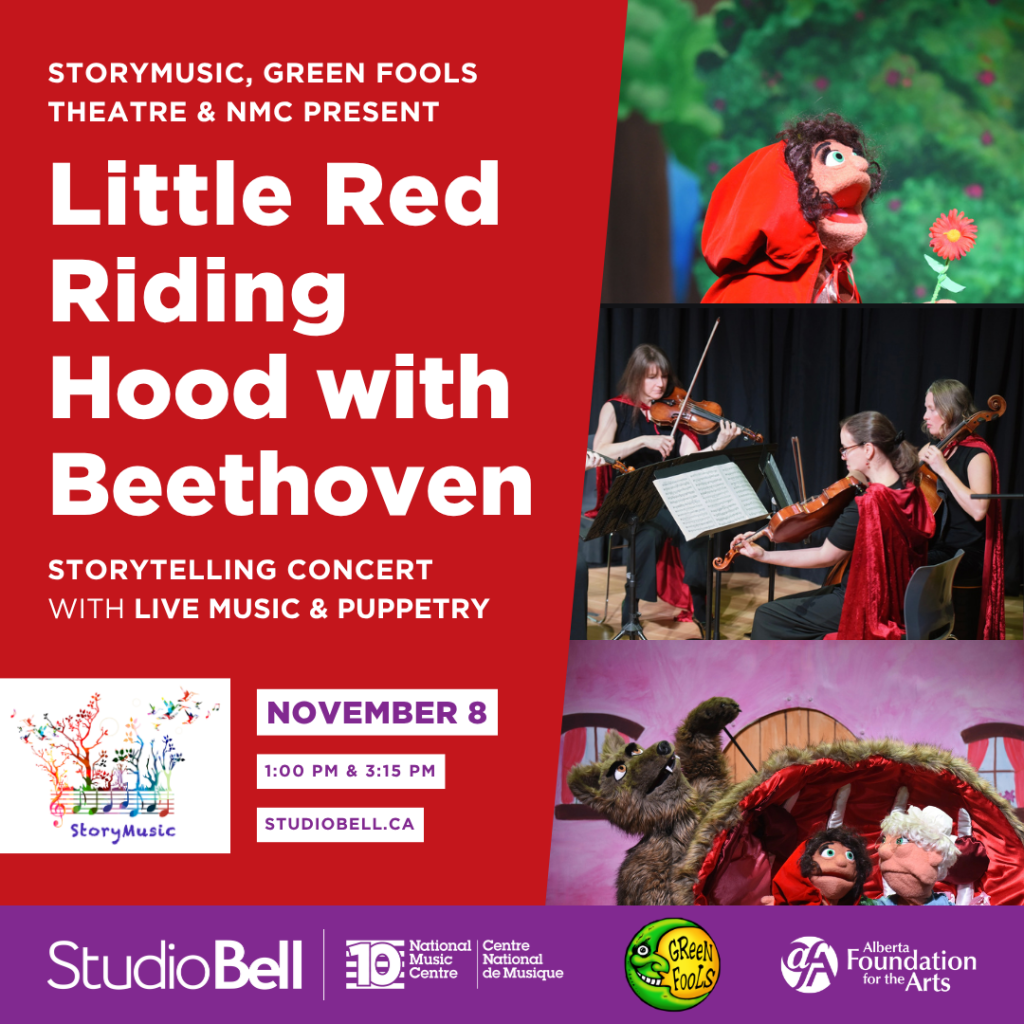 Promotional poster for 'Little Red Riding Hood with Beethoven' storytelling concert featuring live music and puppetry, scheduled for November 8 at Studio Bell.